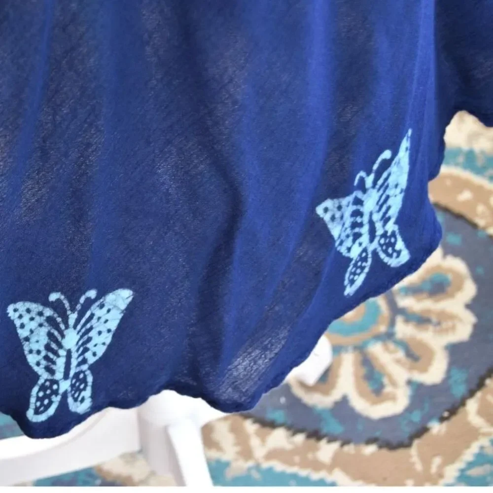 Vintage 90s Butterfly Viscose Dress Blue Boho India Free Size